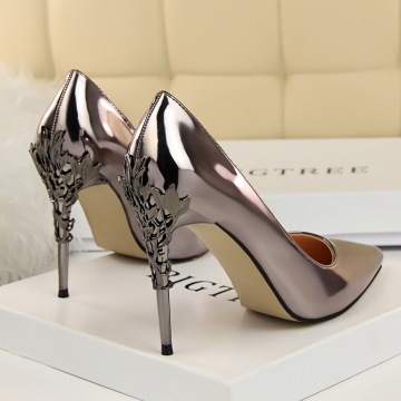 Classic Metal Carved Heels Women's Party Shoes 2019 New Shallow Patent Leather Fashion Women Pumps Pointed High Heels Shoes 10CM