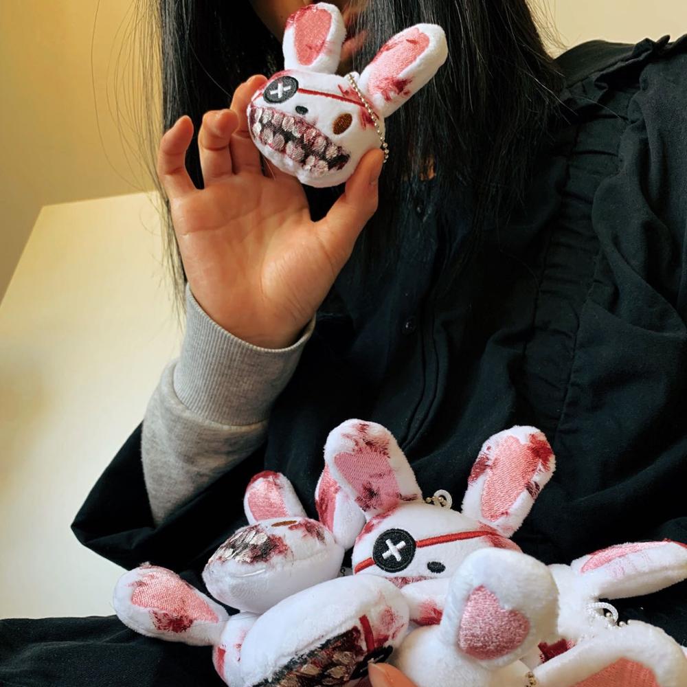 Bloody One-eyed Rabbit Plush Keychain Harajuku Handmade Animal Key Ring For Women Couple Unique Accessories Pendant Halloween