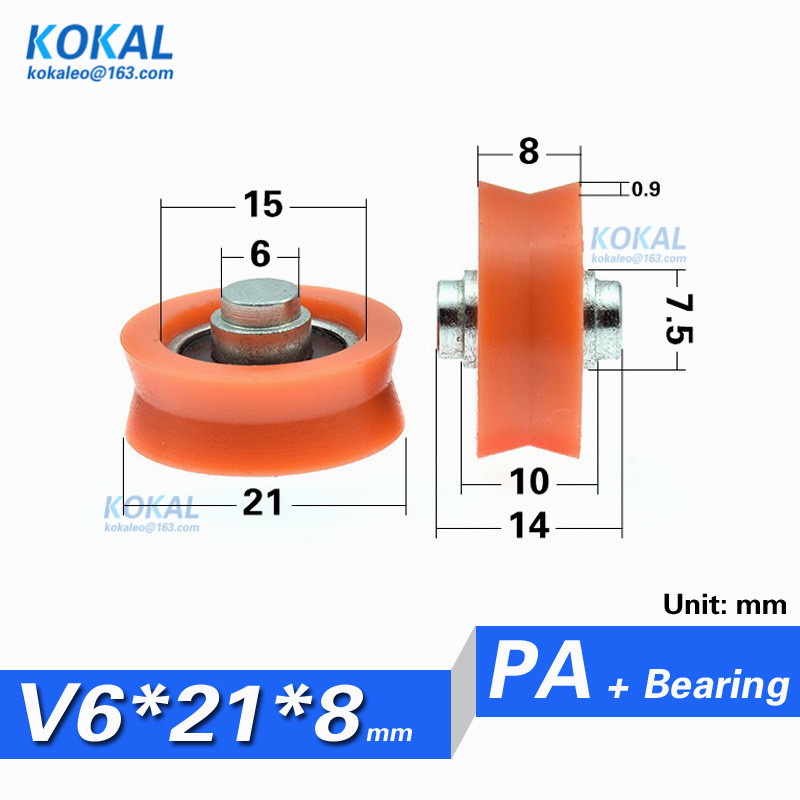 [V0621-8] 1PCS/LOT glass fiber orange Nylon PA coated with shaft U/V groove elevator door window sliding bearing pulley 0621V