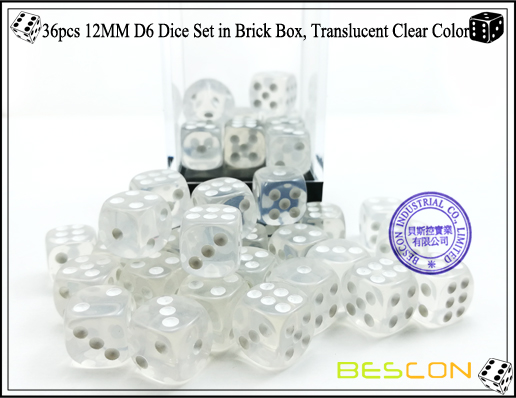 36pcs 12MM D6 Dice Set in Brick Box, Translucent Clear Color-4