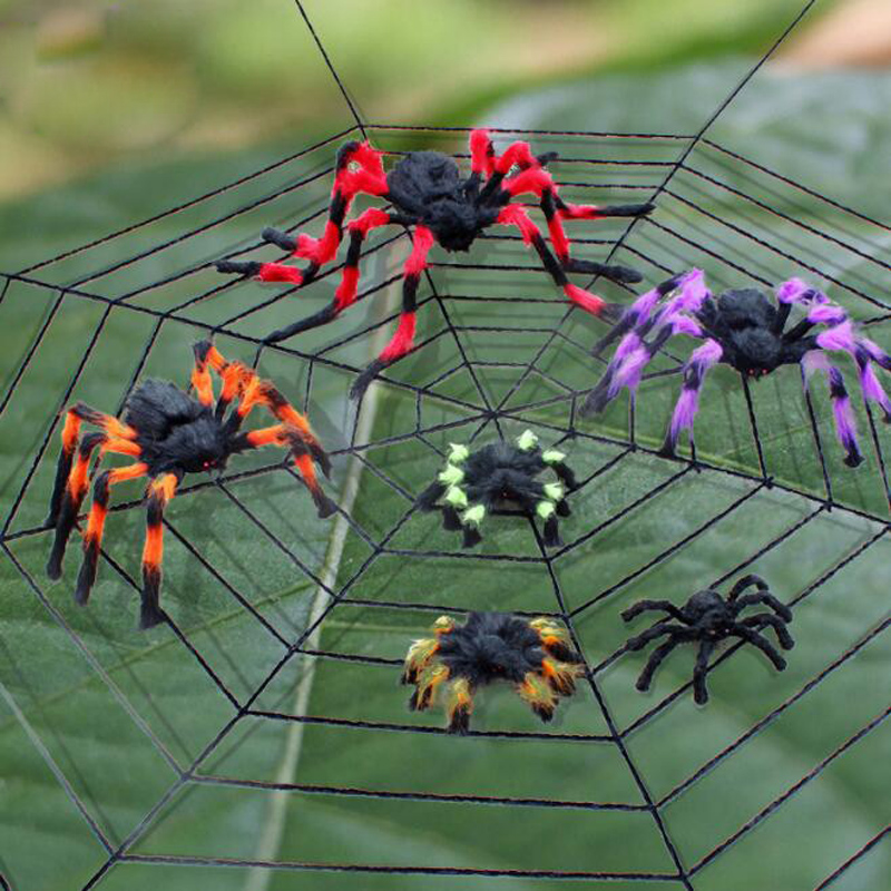 1pcs/lot Halloween Prop Horror Black Colorful Spider And Web Plush Tricky Toys For Party Event Decoration
