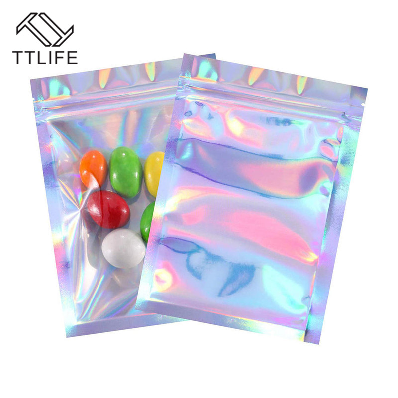 TTLIFE 100pcs S/M/L Flat Thick Zip lock Bath Salt Cosmetic Bag One Side Clear Holographic Mini Aluminum Foil Zip Lock Bags