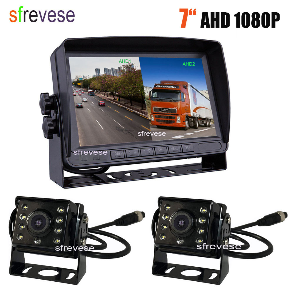 7" IPS HD DVR Recording 2CH Split 4Pin Car Rear View Monitor + 2x Waterproof AHD 1080P Reversing Backup Camera For Bus Truck