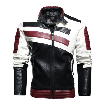 New Autumn Motorcycle Pu Leather Jacket Men Hit Color Stand Collar Mens Leather Jacket Business Casual Leather Jacket Men