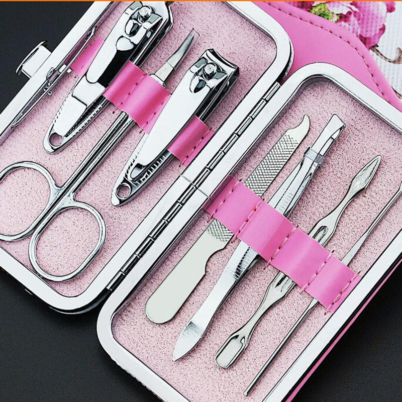 1Set=7Pcs Nail Clippers Travel Grooming Kits Case Care Pedicure Scissors Tweezer Knife Ear Pick Utility Manicure Set Tools