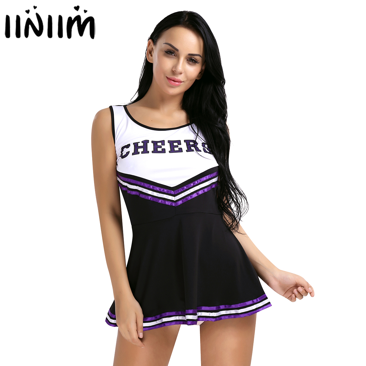 Womens Cosplay Party Costume Cheerleader School Uniform Sleeveless Round Neck Printed "CHEERS" Letters Fancy Mini Striped Dress