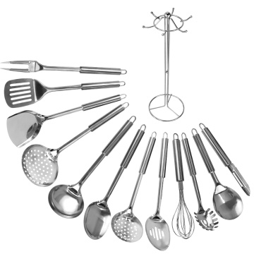 13pcs Stainless Steel Kitchen Utensil Set Turners Spatula Spoon Shovel Colander Pasta Rice Scoop Cooking Tool Set & Storage Rack