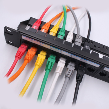 19in 1U Cabinet Rack Pass-through 24 Port CAT6A Patch Panel RJ45 Network Cable Adapter Keystone Jack Modular Distribution Frame