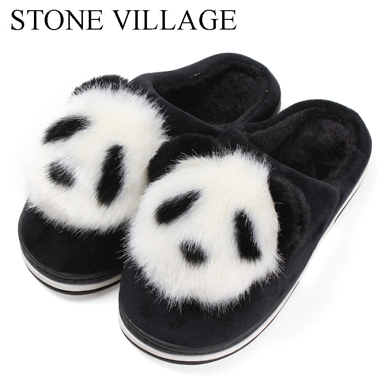 STONE VILLAGE Cute Cartoon Animation Panda Women Slippers Ladies Non-Slip Slip On Warm Plush Slippers Indoor Home Slippers Shoes
