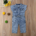 Newly Summer Toddler Baby Girls Fashion Casual Jumpsuits Denim Blue Short Sleeve Single Breasted Elastic Waist Belt Romper 1-6Y