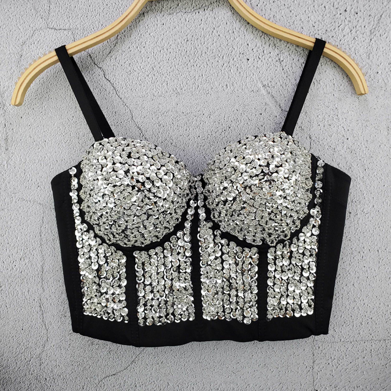 Women Jazz Dance Costume Crop Top Sequined Vest Pole Dance Bra Party Nightclub Stage Clothes Rave Outfit American Clothing 2077