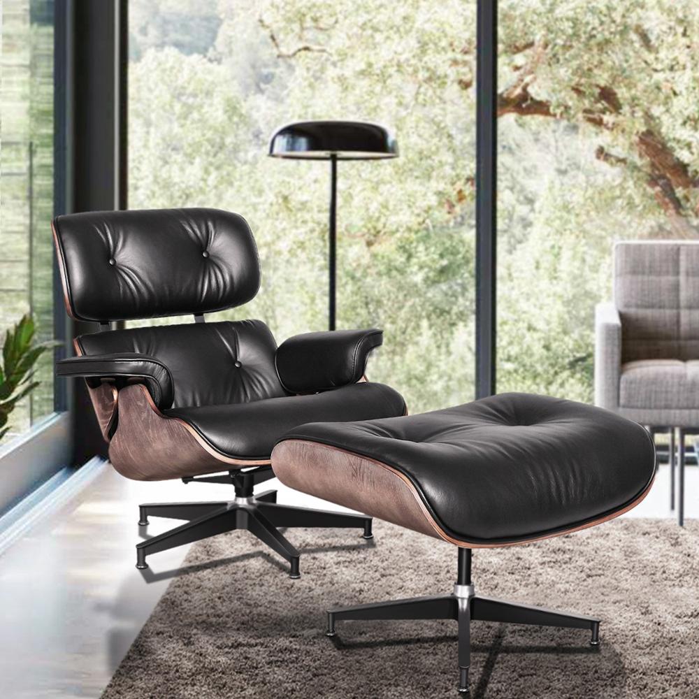 Furgle Genuine Leather Classic Lounge Chair with Ottoman Brown Ash Wood Replica Style Lounge Chair for Bedroom Living Room