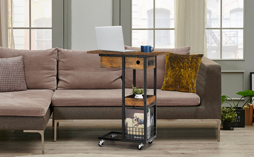 Sofa Table With Storage Basket Rolling Casters