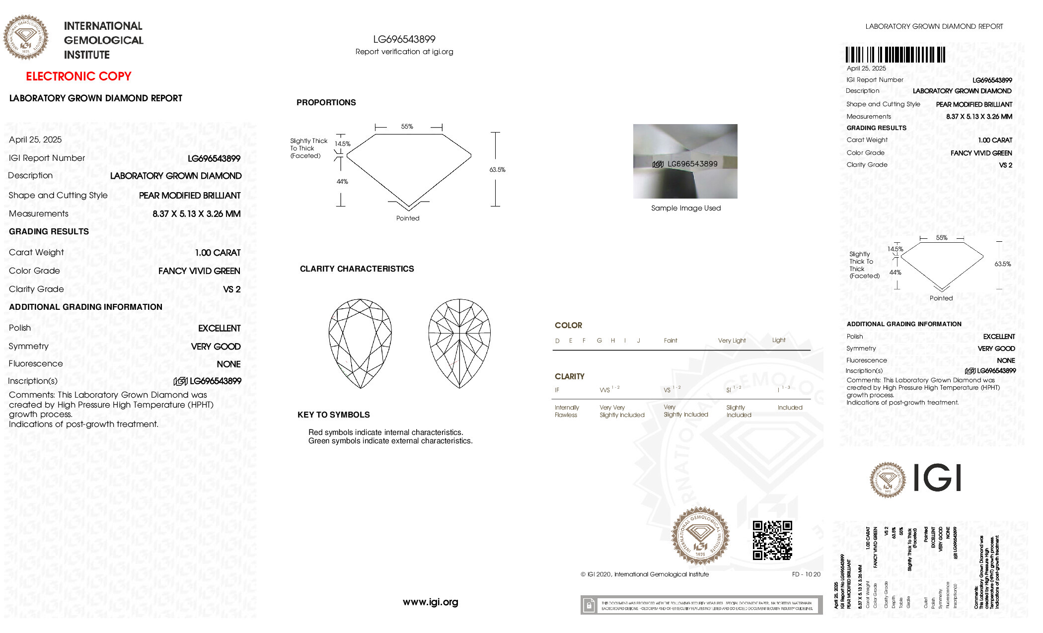 IGI report LG696543899 for a 1.00 carat Fancy Vivid Green VS2 pear lab grown diamond