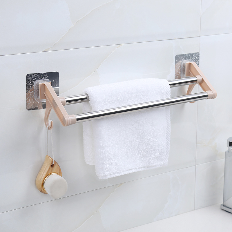 Punch-free Towel Rack Bathroom Bathroom Stainless Steel Double Pole No Trace Adhesive Towel Hanging Rod Drying Towel Rack Hanger