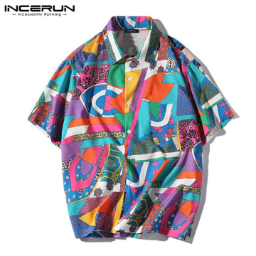 INCERUN Fashion Men's Shirt Printed Lapel Funny Short Sleeve 2021 Loose Vacation Brand Camisa Casual Hawaiian Shirt Streetwear 7