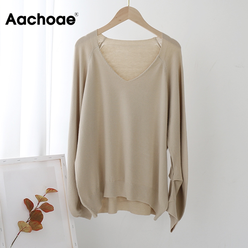 Aachoae Casual Solid V Neck Sweater Women Irregular Long Sleeve Pullover Sweaters Base Loose Lady Sweaters Sueter Mujer 2020