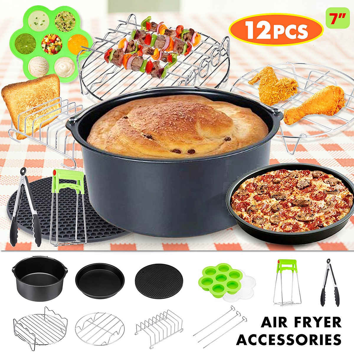 12Pcs Air Fryer Accessories 9 Inch for Philips Air fryer 3.2~6.8QT Baking Basket Pizza Plate Grill Pot Kitchen Cooking Tools
