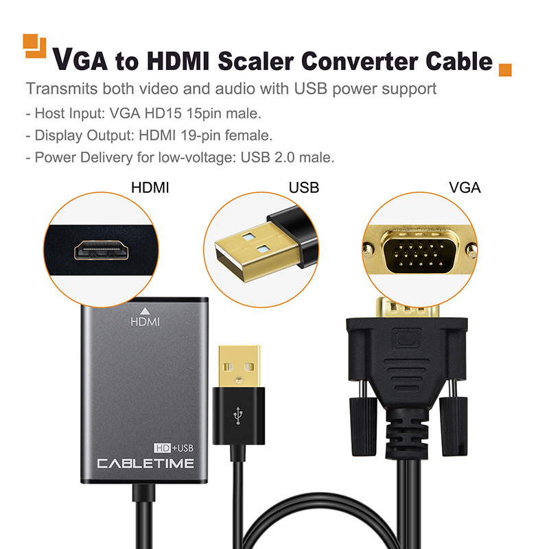 CABLETIME VGA to HDMI with USB Power Cable M/F Adapter 1080P 60Hz VGA with USB Converter for MacBook HDTV Projector C094