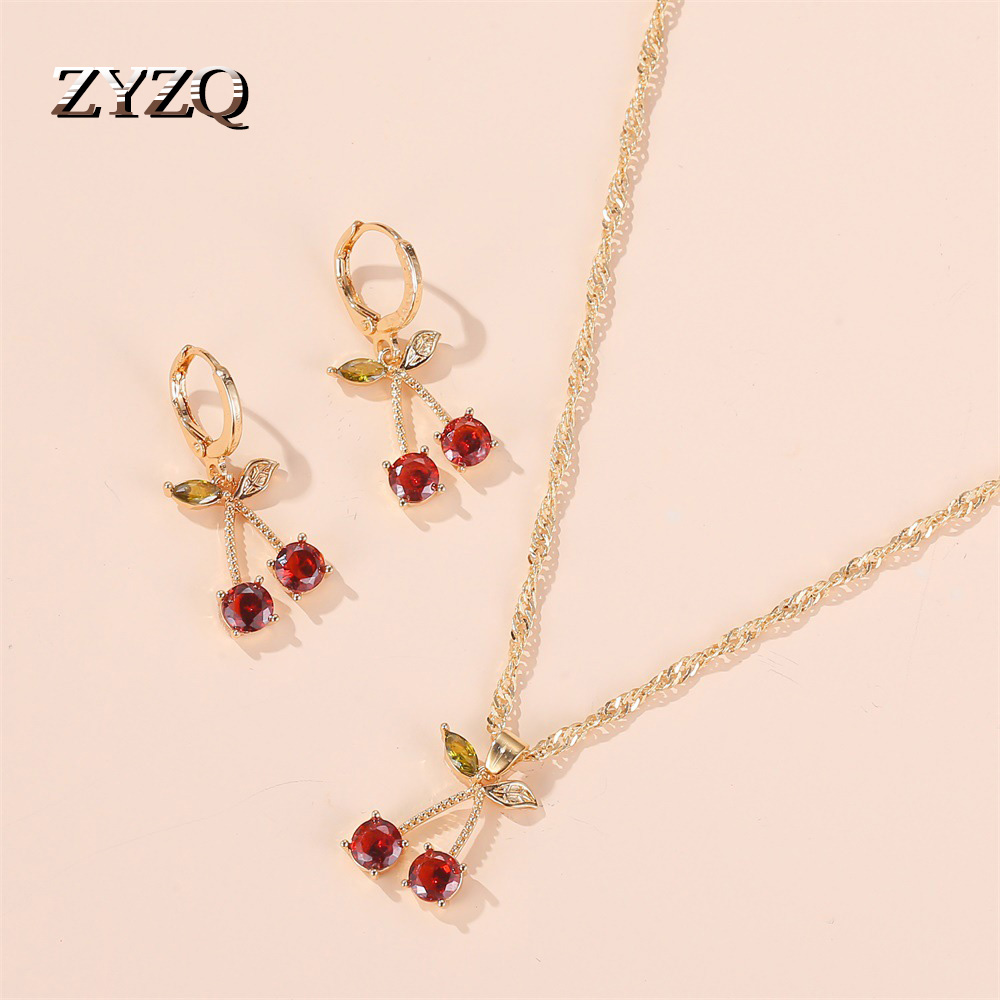 ZYZQ Cute Jewelry Set Small Fresh Pomegranate Red Cherry Necklace Simple Wild Cubic Zirconia Earrings