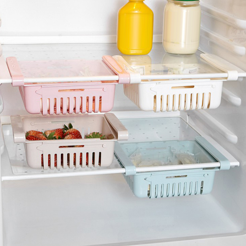 Eco-Friendly Fridge Freezer Shelf Holder Pull-out Plastic Drawer Dividers Adjustable Kitchen Refrigerator Storage Basket Rack