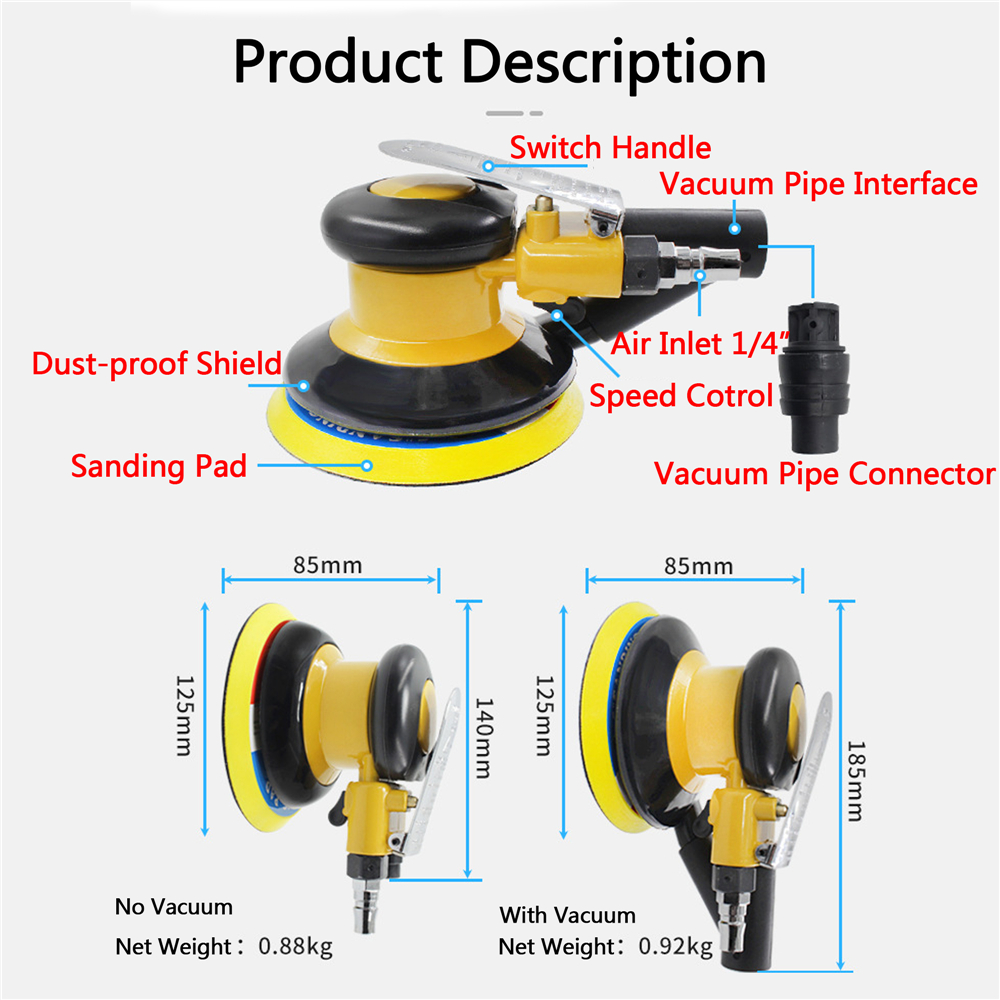 POLIWELL Pneumatic Tools 5 Inch Air Sander with Vacuum Pneumatic Sander Polisher for 125mm Sanding Discs Car Metal Polishing