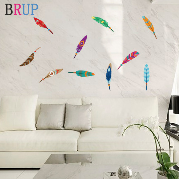 10 Pieces Colorful Feather Wall Stickers Art Plumage Wall Decorations Living Room Bright Plume Decorative Vinyls for Kids Room