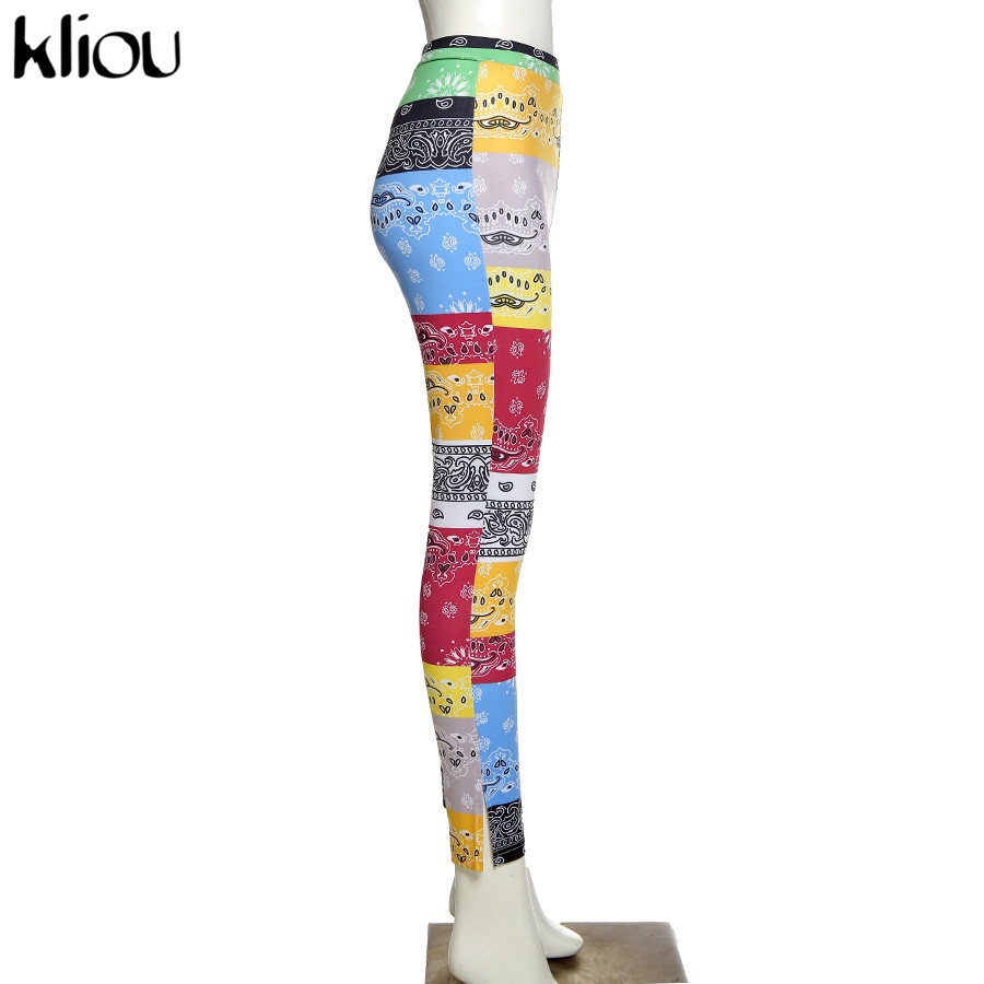 Kliou Side Split Printed Elastic Women Pencil Pants Mid Waist Workout Casual Bodycon Trousers 2020 Active Color Blocking Pants
