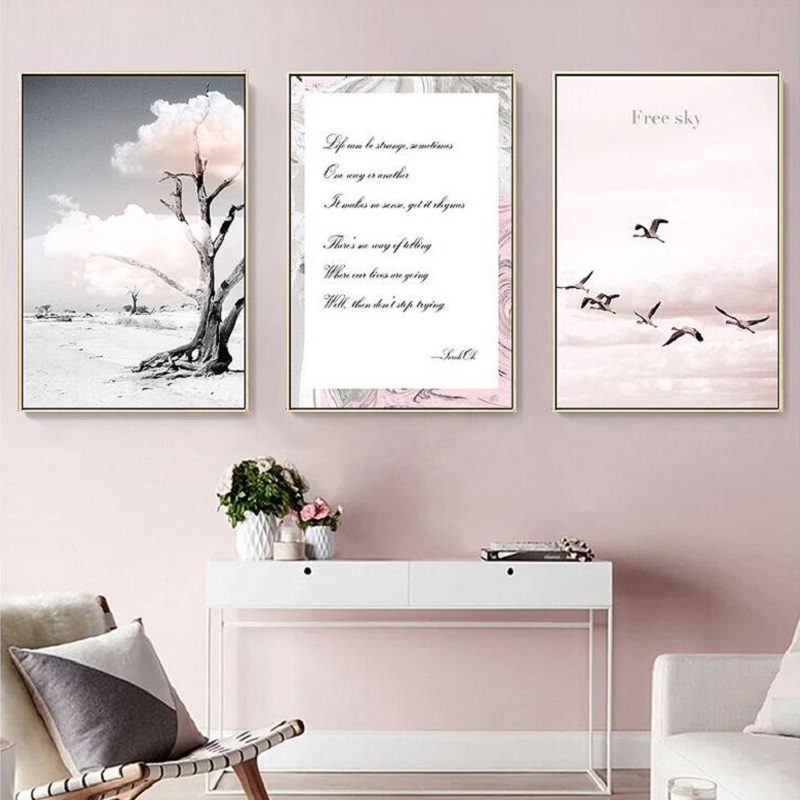 SURE LIFE Pink Seascape Bus Healing Girl Canvas Paintings Free Sky Birds Wall Art Pictures Letters Posters Living Room Decor