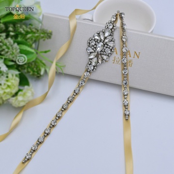 TOPQUEEN S329 Rhinestone Sash Belt for Wedding Dress Jewel Belt with Black Ribbon Shiny Belt Crystal Belt for Women Glitter Belt