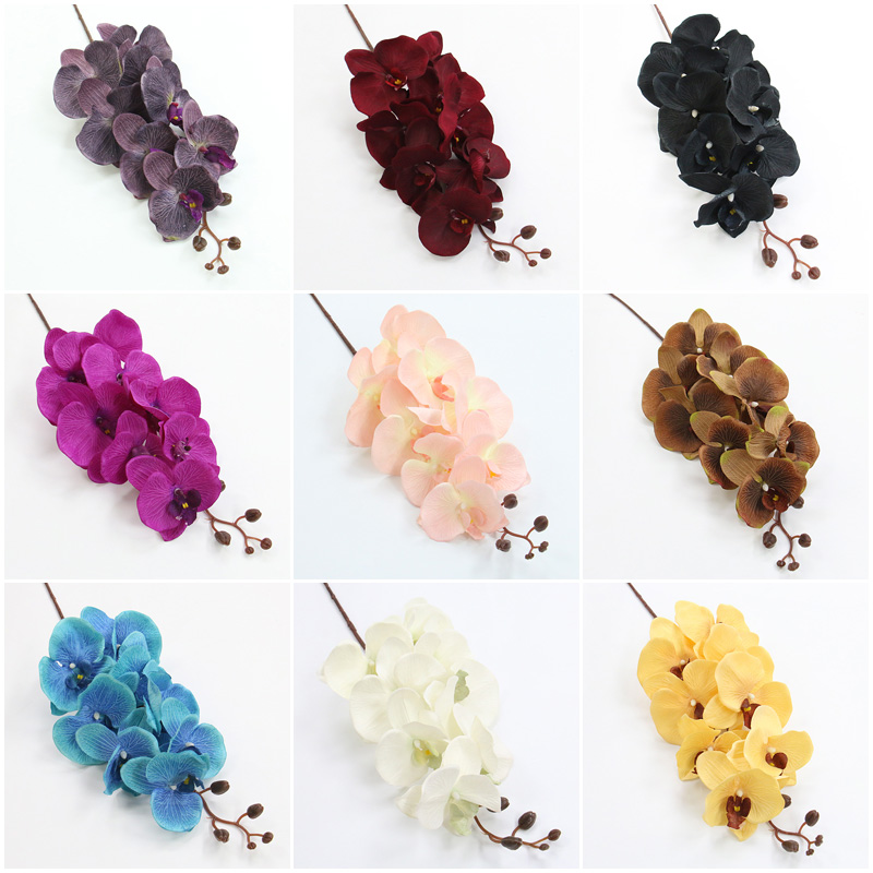 8 Heads Big Orchid Artificial Flower Branch Phalaenopsis Butterfly Black Burgundy Colorful Wedding Home Decor Potted Wholesalers