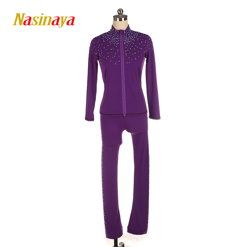 Customized Figure Skating Suits Jacket and Pants Long Trousers for Girl Women Training Ice Skating Warm Shiny Rhinestones