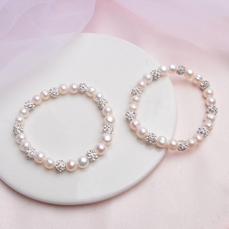 ASHIQI Genuine Natural Freshwater Pearl Bracelets Bangles For Women with White Clay Zircon Ball Elasticity Jewelry Gift