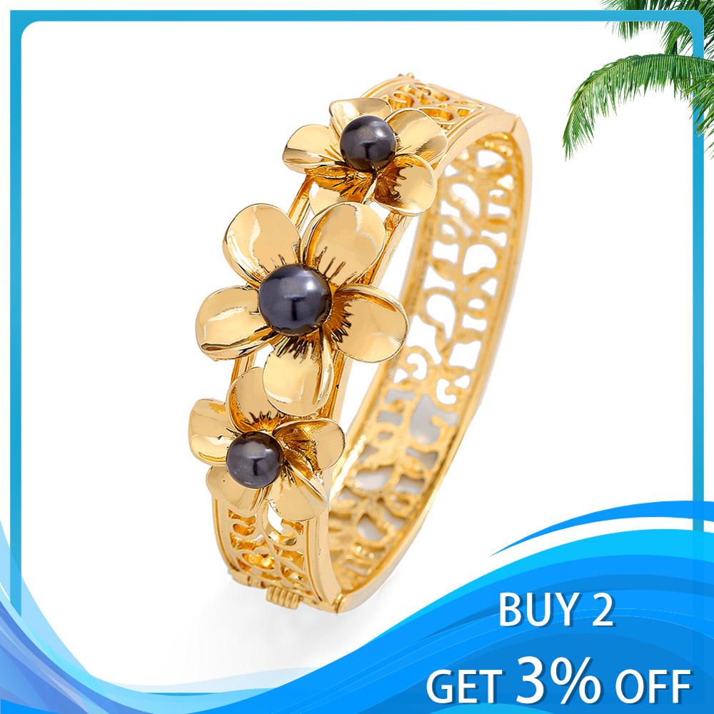 Polynesian Hawaiian Style Bracelets Fashion Black Pearl Jewelry Woman Hibiscus Flowers Bracelet Bangle for Women New Year Gifts