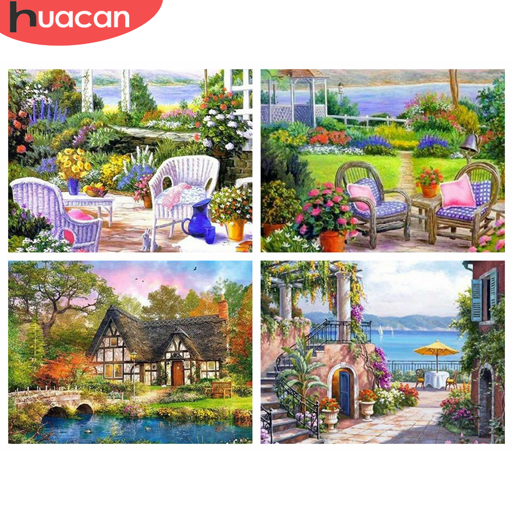 HUACAN DIY Daimond Painting Landscape House Cross Stitch 5D Diamond Mosaic Embroidery Rhinestones Painting Wall Art