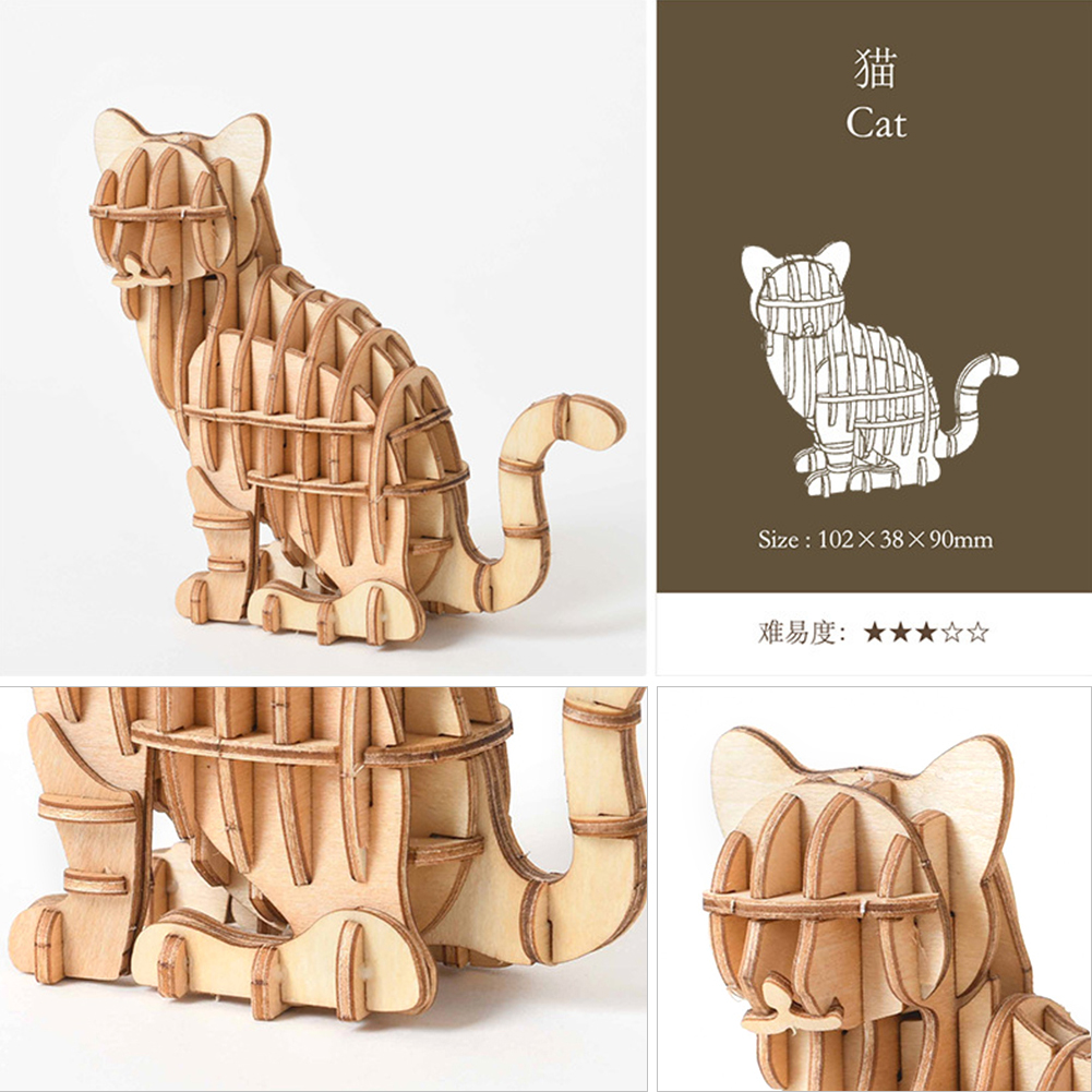3D Wooden Puzzle DIY Toy Assembly Three-Dimensional Model DIY Animal Cat Dog Toy Wooden Craft Kit Decoration Assembly Toy