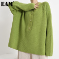 [EAM] Green Brief Big Size Knitting Sweater Loose Fit V-Neck Long Sleeve Women Pullovers New Fashion Autumn Winter 2021 1Y17306