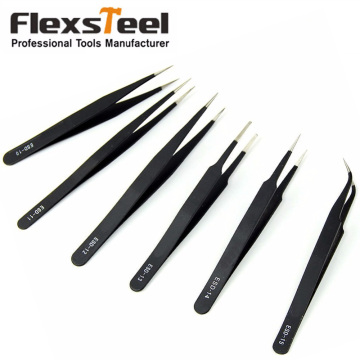 Flexsteel 6pcs/set ESD Tweezers Non-magnetic Forceps Anti-static Fine Curved Tip Black Maintenance Tools for Electronics Jewelry