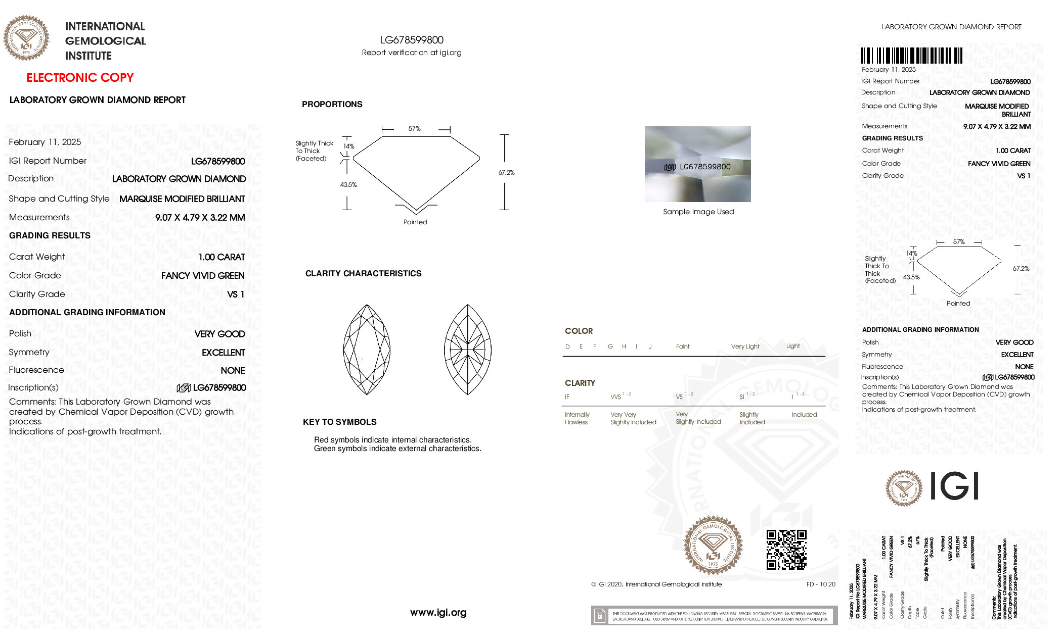 IGI report LG678599800 for a 1.00 carat Fancy Vivid Green VS1 marquise lab grown diamond