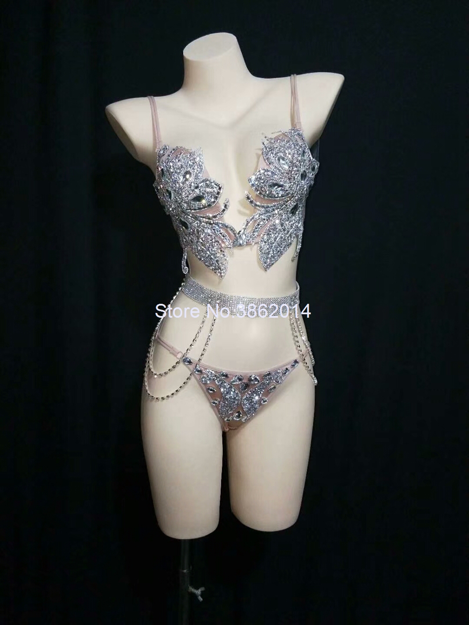 Sparkly Silver Crystals Bikini Set Sexy Bodysuit Women Nightclub Bar Outfit Performance Stage Wear Dance Costume Party Dress