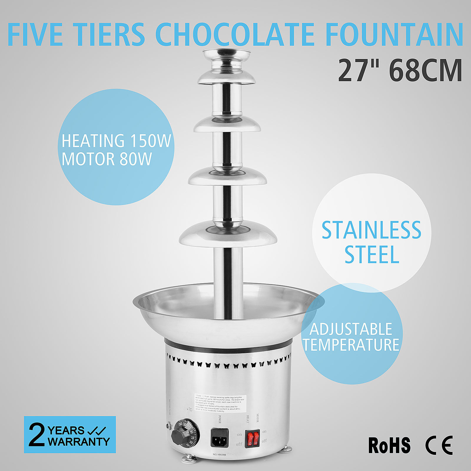 27" Fondue Cheese Maker 5 Tiers Waterfall Stainless Steel Chocolate Fountain