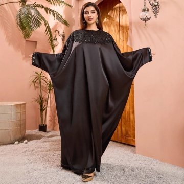 Crystal Applique Satin Butterfly Abaya Dubai Long Robe