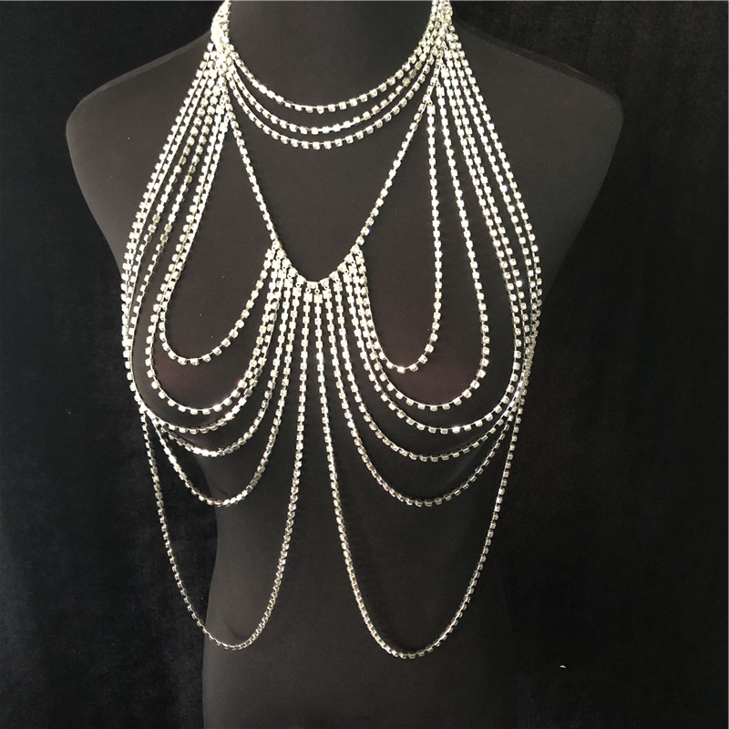 Fashion sexy luxury crystal body jewelry shiny bikini chest chain multi-layer water ripple underwear accessories