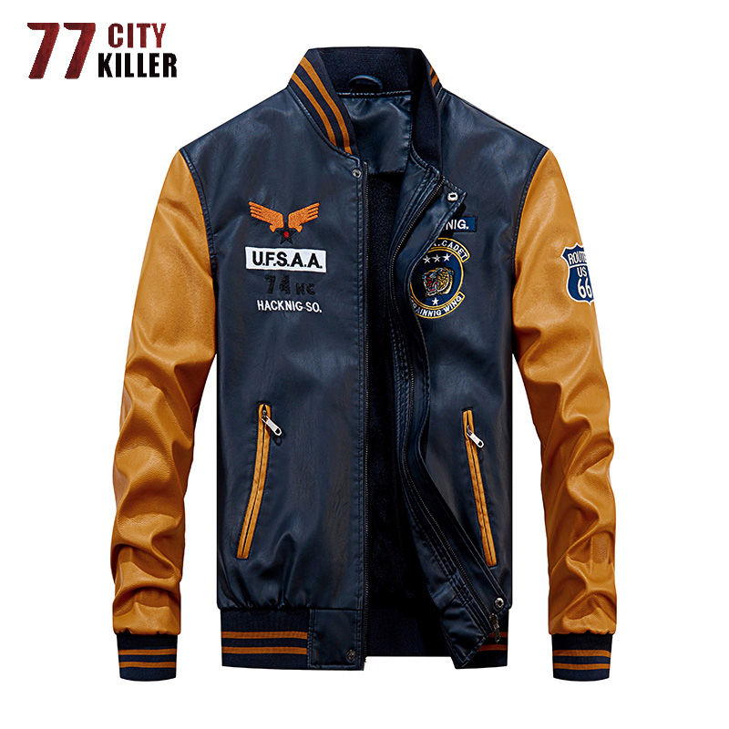 77City Killer 2020 New Leather Jacket Men Windbreaker Motorcycle Patchwork Baseball Jackets Male Fleece Warm Faux Leather Jacket