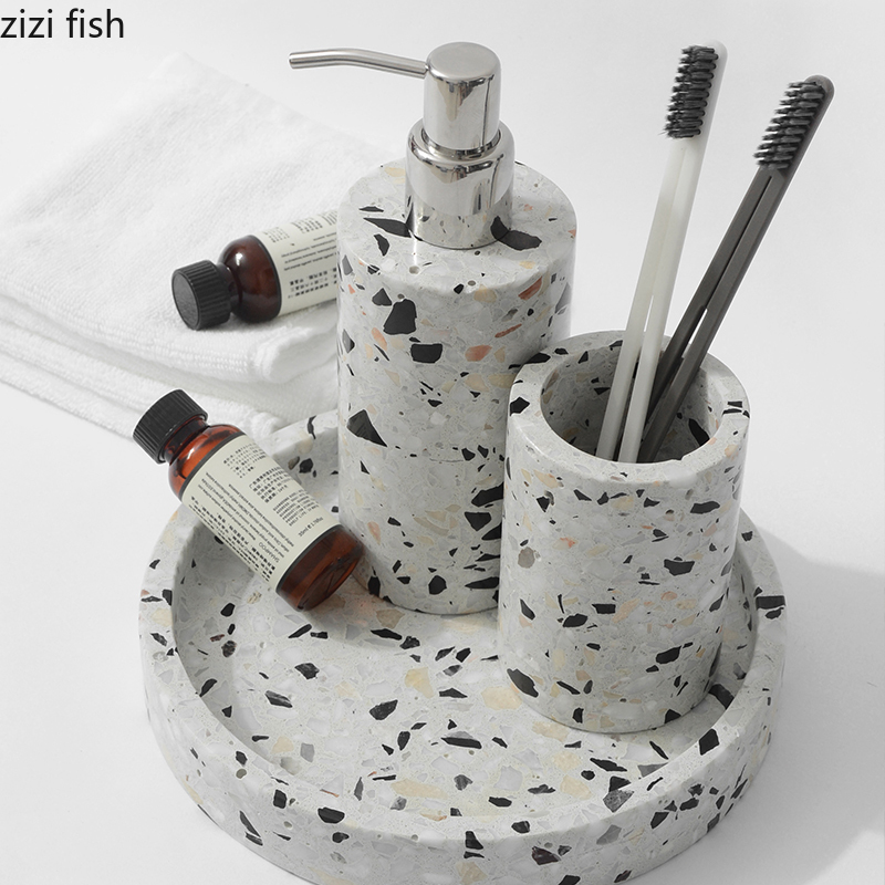 Piebald Stone Bathroom Decoration Accessories Mouthwash Cup Toothpaste Holder Portable Soap Dispenser Toilet Brush Bath Supplies