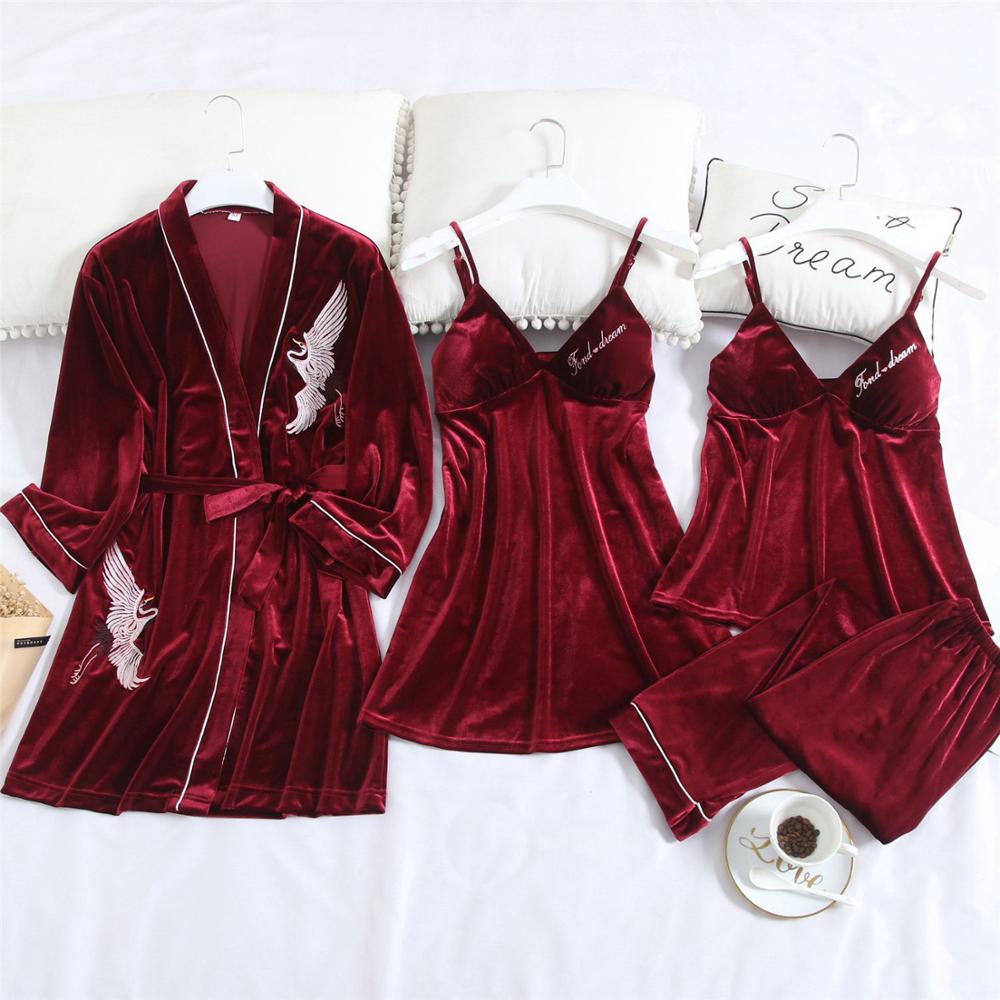 Sexy Women Sleepwear Robe with Pants Velvet Pajamas Lace Sleep Lounge 4 Pcs Sets Ladies Nightgown Bathrobe Indoor Clothing Suit