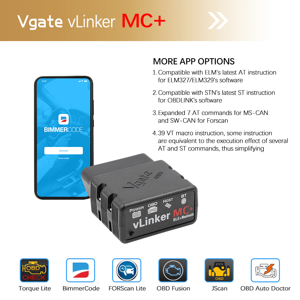 Vgate vLinker MC+ ELM327 Bluetooth 4.0 OBD 2 OBD2 ELM 327 wifi Car Diagnostic For Android/IOS Scanner Auto Tools PK OBDLINK iCar