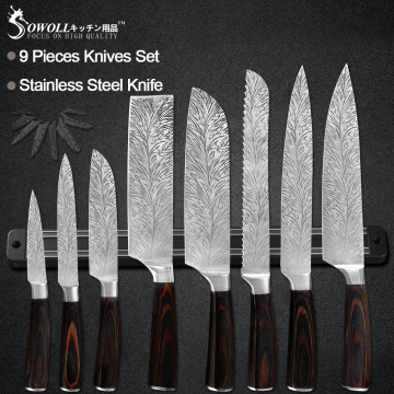 Sowoll Kitchen Chef Knives Set Stainless Steel Sharp Blade Knife Holder Damascus Veins Blade Magnetic Wall Knife Holder Tools