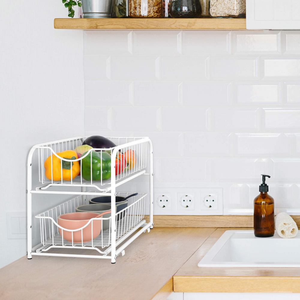 2-Layers White Metal Kitchen Organization Shelf