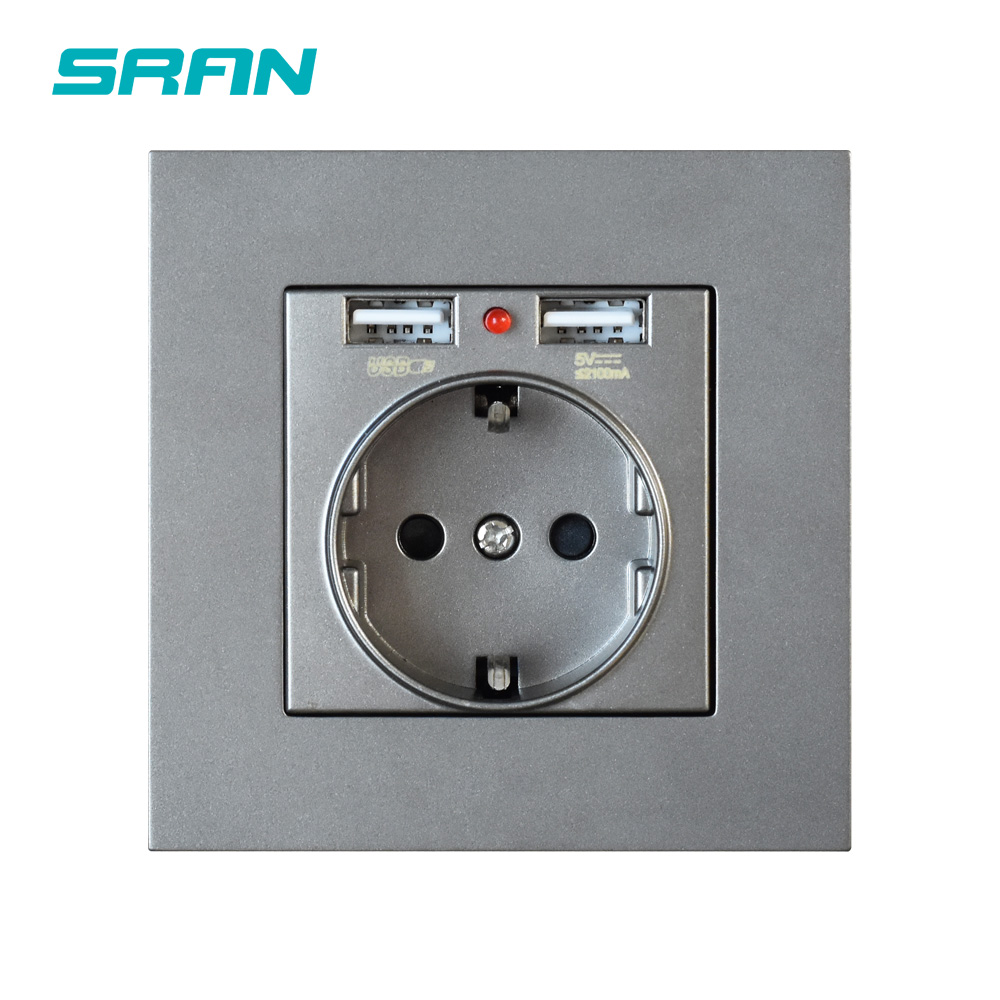 SRAN EU Wall Socket,socket with USB Gold Flame Retardant PC Panel 86mm*86mm 16A European Outlet 5V 2.1A USB Mobile Interface